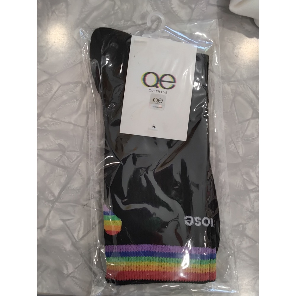 Queer Eye Black Crew Socks Rainbow Striped Cuff Heart Detail One Size QE9102 NEW